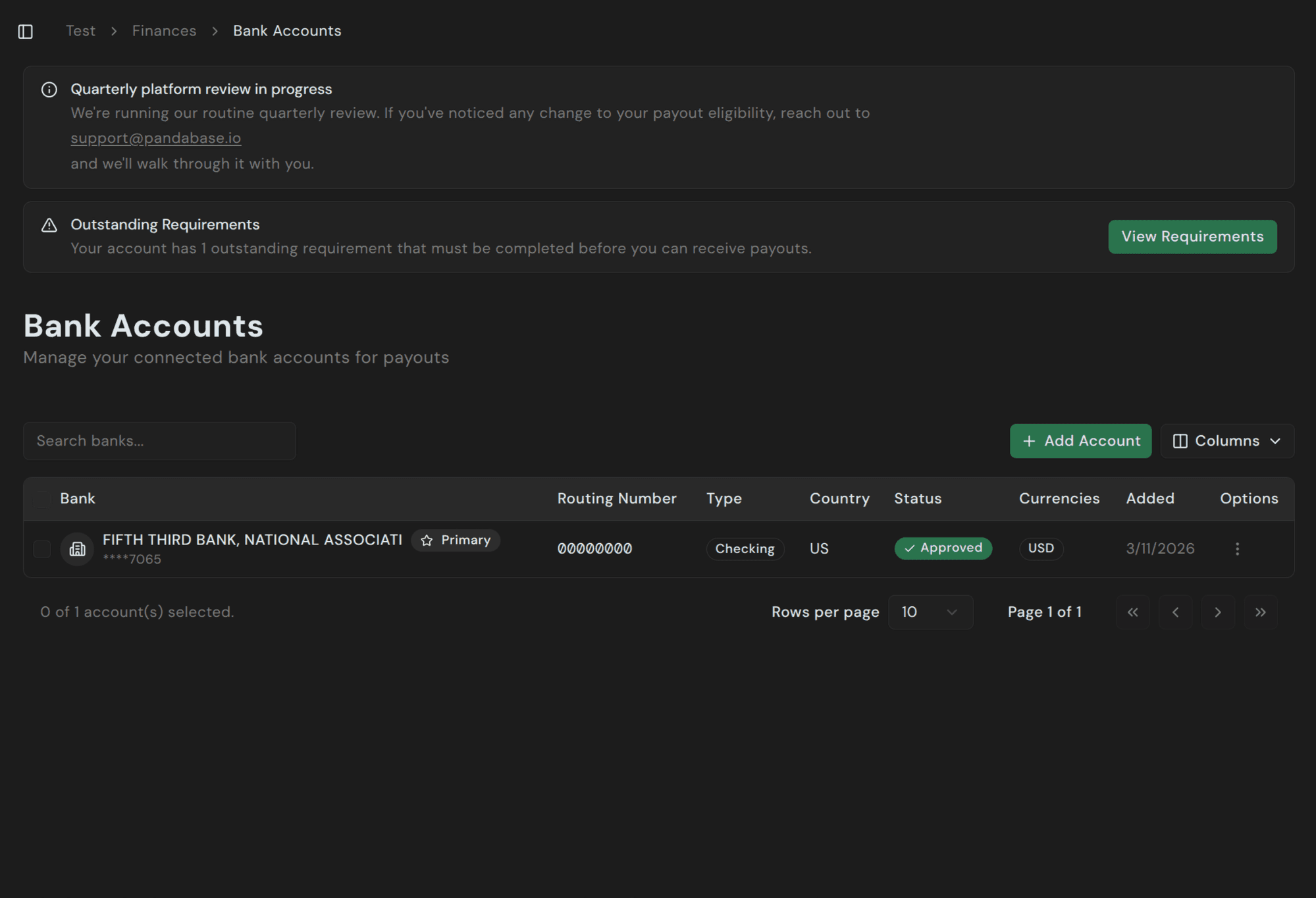 Bank Accounts page in the merchant dashboard