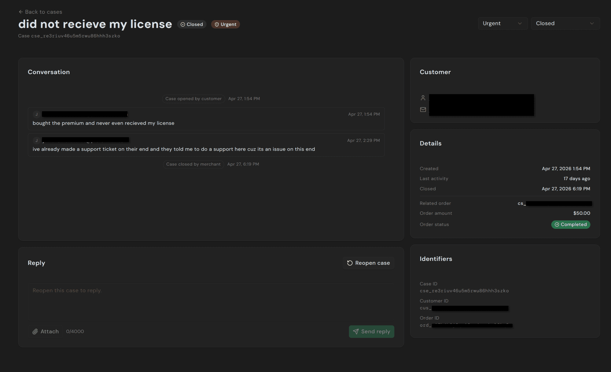 Case detail view with conversation, reply box, customer info, and identifiers