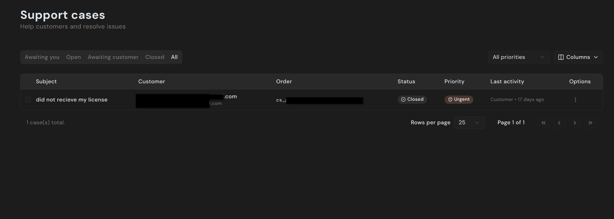 Cases list view with Awaiting you, Open, Awaiting customer, Closed, and All tabs