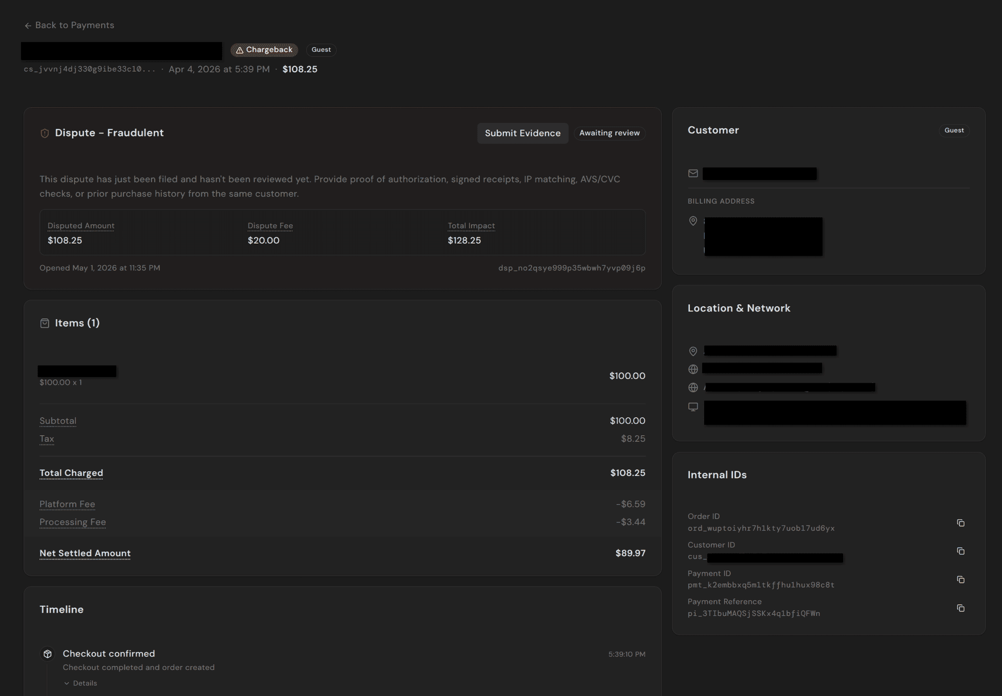 Dispute detail page showing reason, amounts, items, and timeline