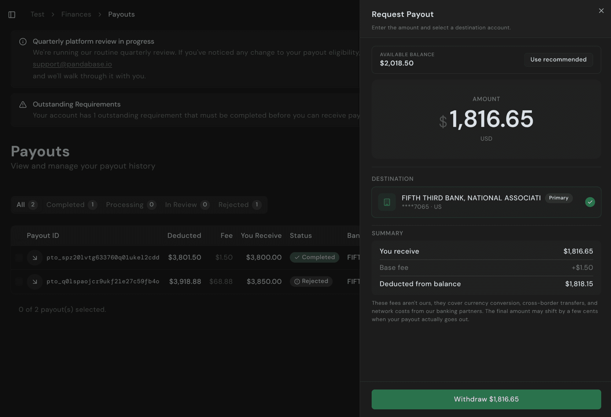 Request payout panel showing amount, destination bank account, and fee summary
