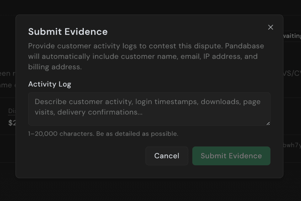 Submit Evidence dialog with Activity Log text field