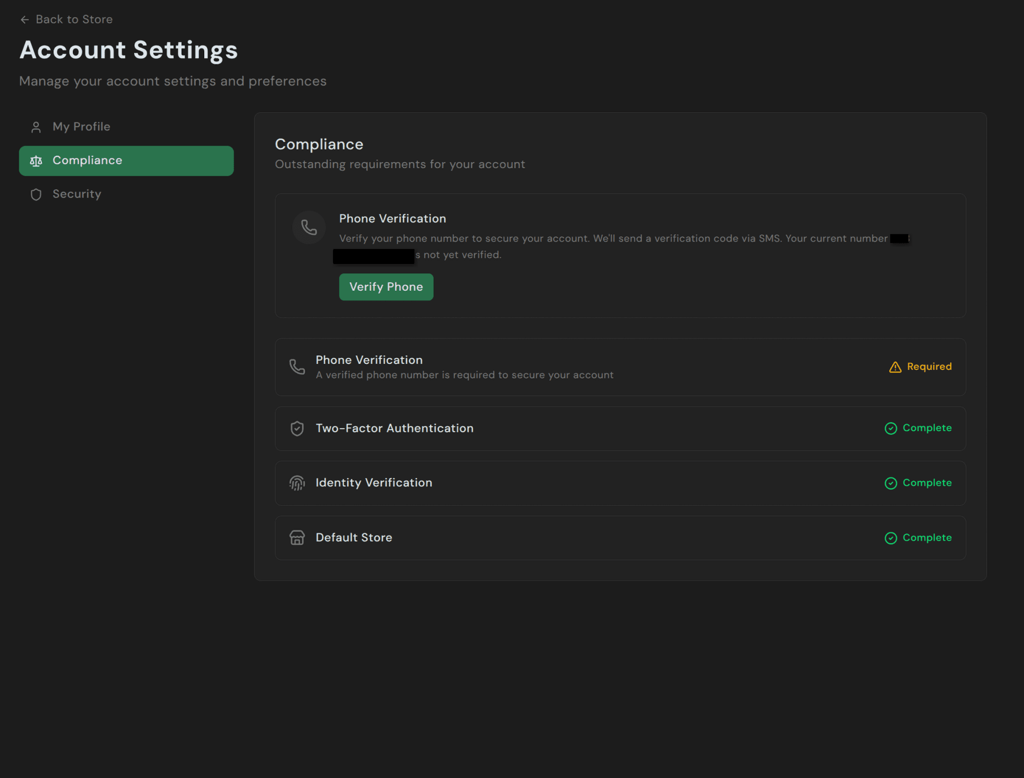Compliance tab listing phone verification, 2FA, identity verification, and default store status