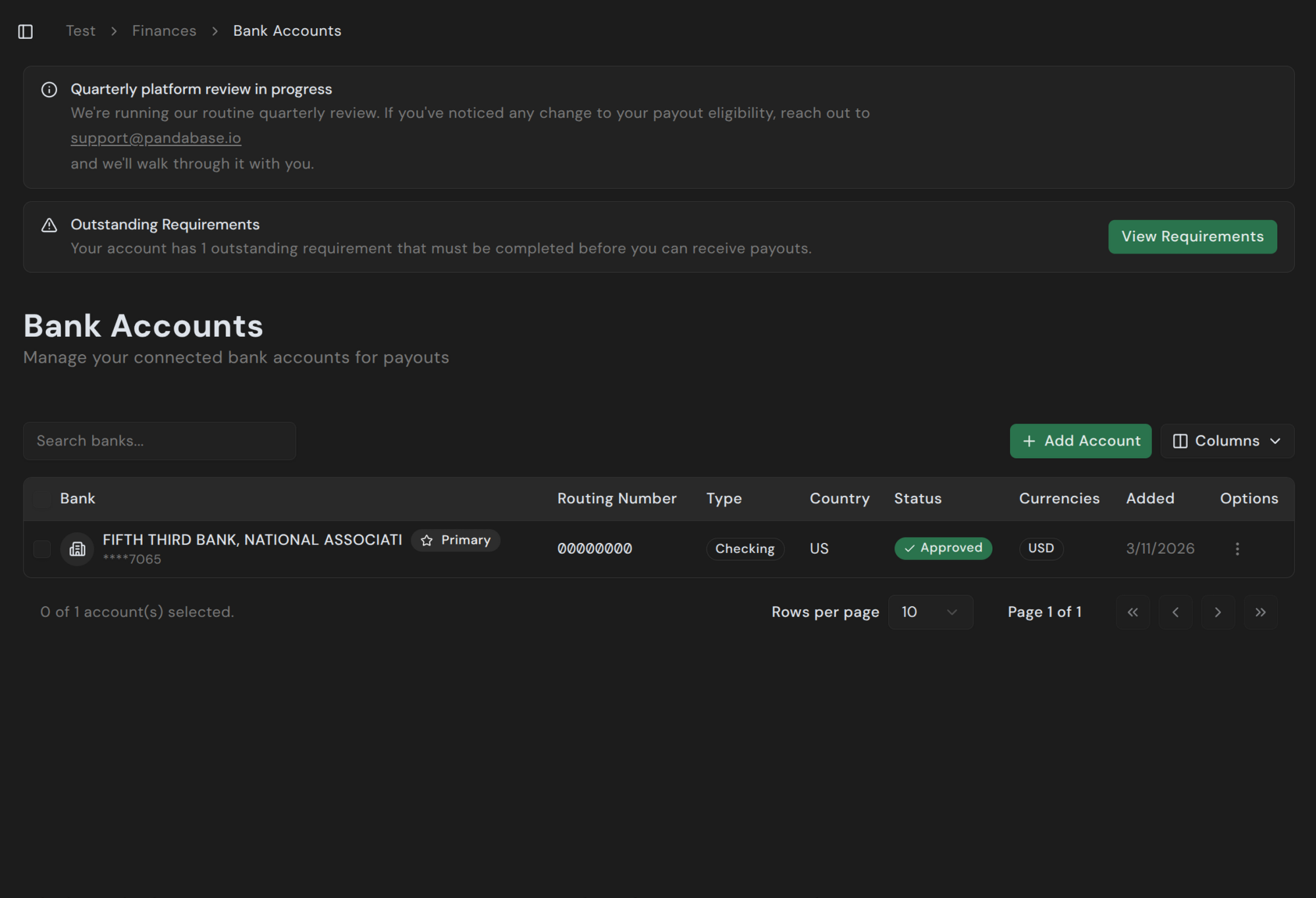 Bank Accounts page in the merchant dashboard