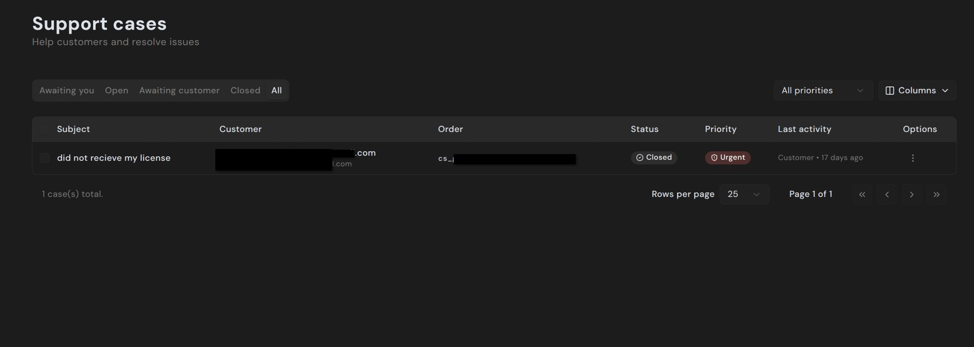 Cases list view with Awaiting you, Open, Awaiting customer, Closed, and All tabs