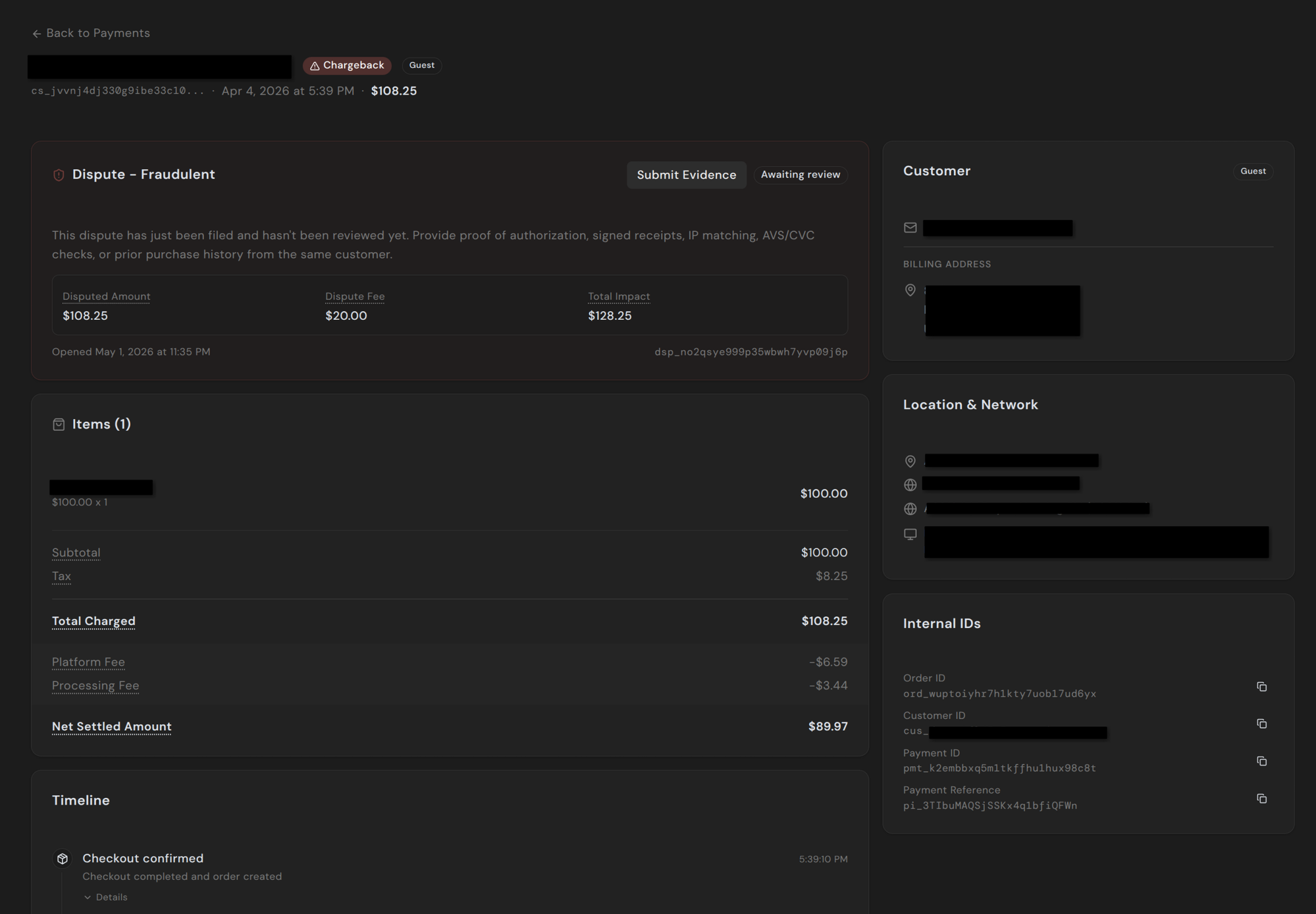 Dispute detail page showing reason, amounts, items, and timeline