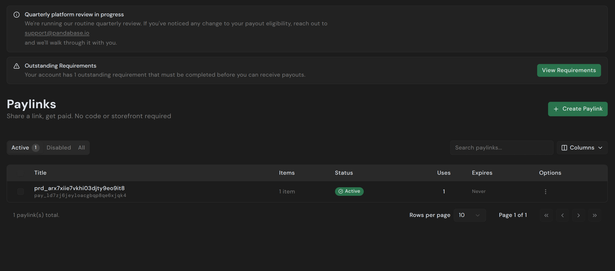 Paylinks list view in the merchant dashboard