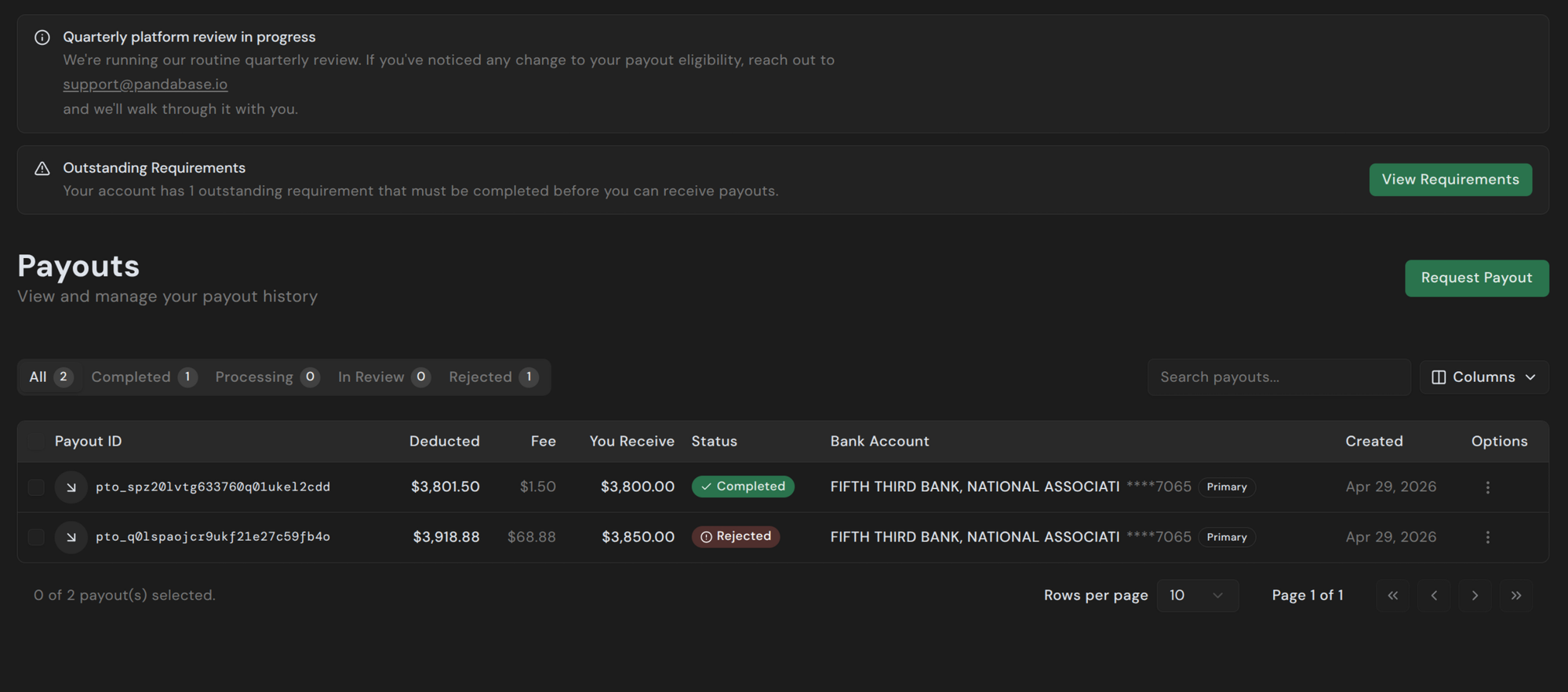 Payouts list view in the merchant dashboard