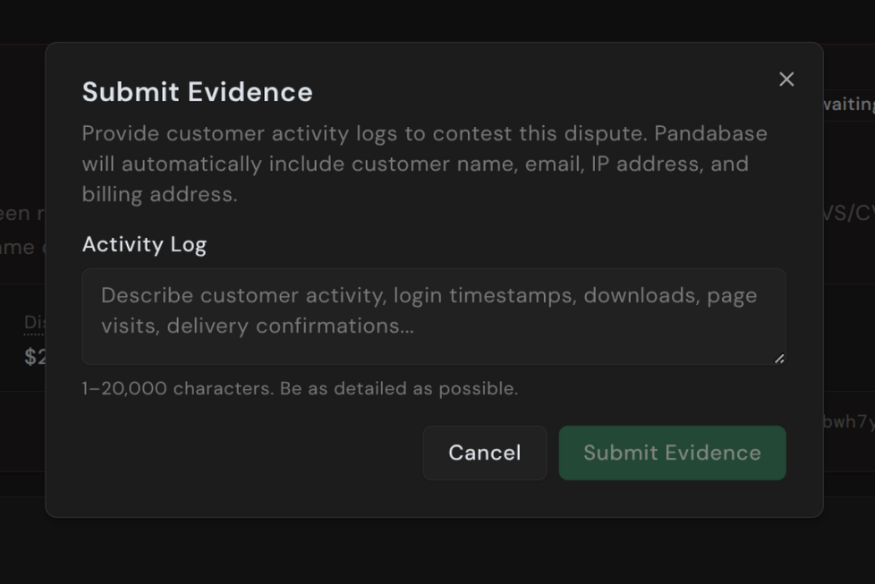Submit Evidence dialog with Activity Log text field